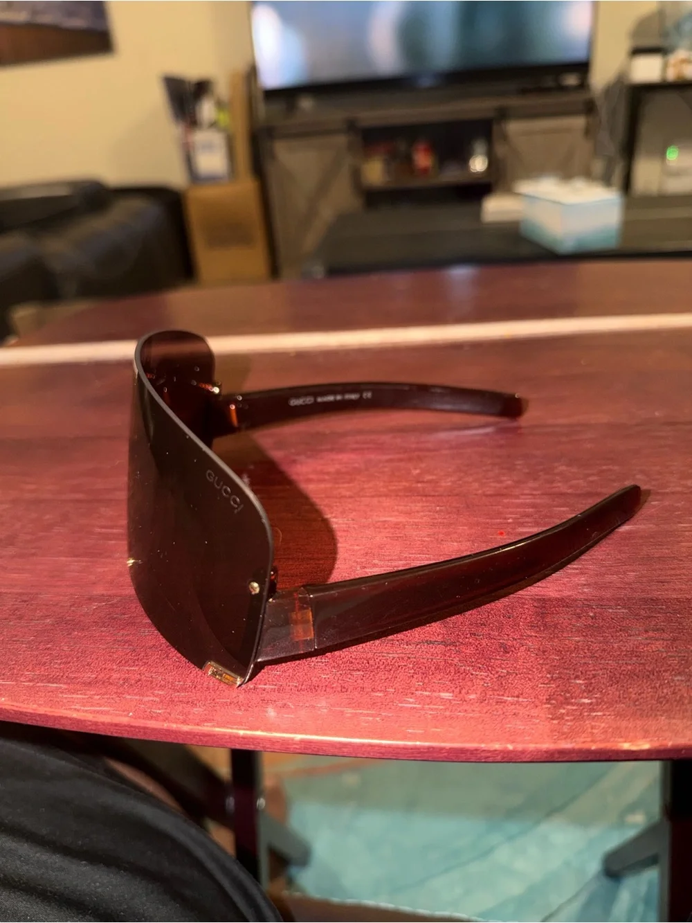 Gucci Brown Shield Visor Sunglasses with Gold Accents